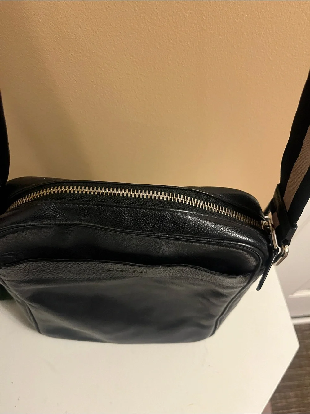 Men's Dark Navy Leather Crossbody Bag with Striped Strap